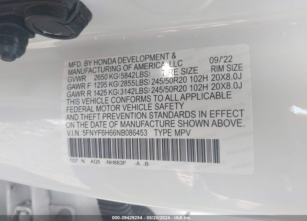 2022 HONDA PILOT AWD TOURING 7 PASSENGER VIN: 5FNYF6H66NB086453