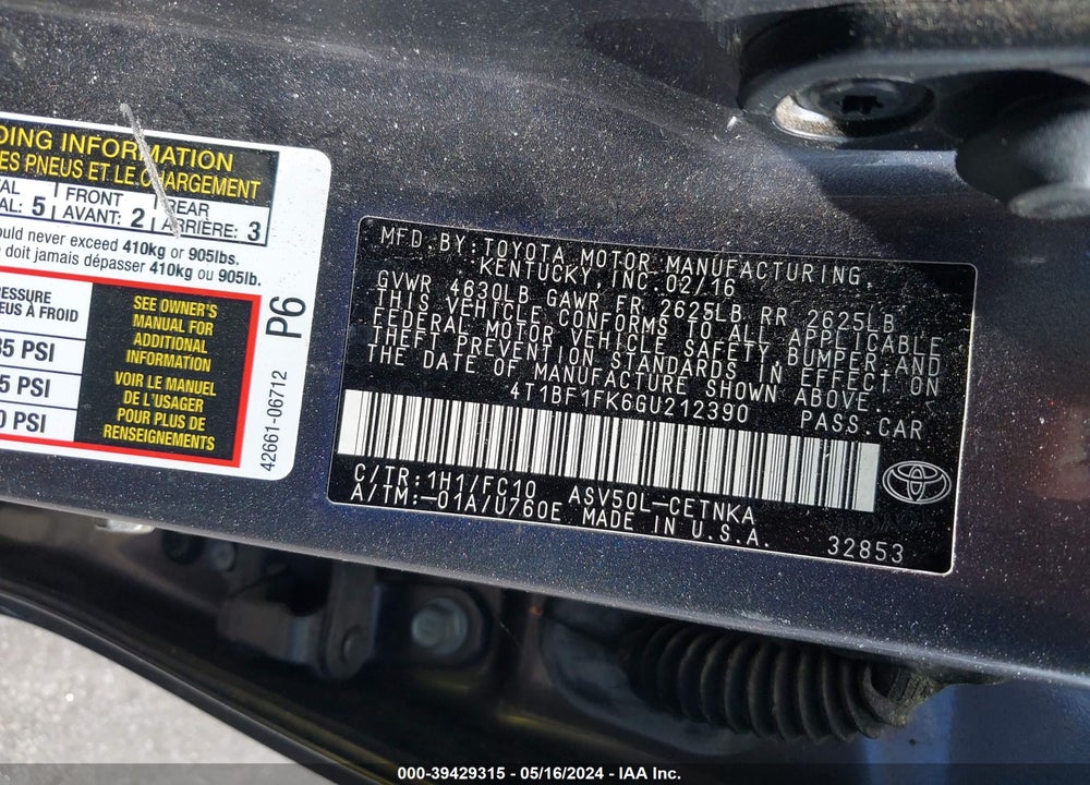 2016 TOYOTA CAMRY LE VIN: 4T1BF1FK6GU212390