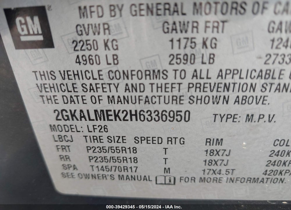 2017 GMC TERRAIN SLE-1 VIN: 2GKALMEK2H6336950