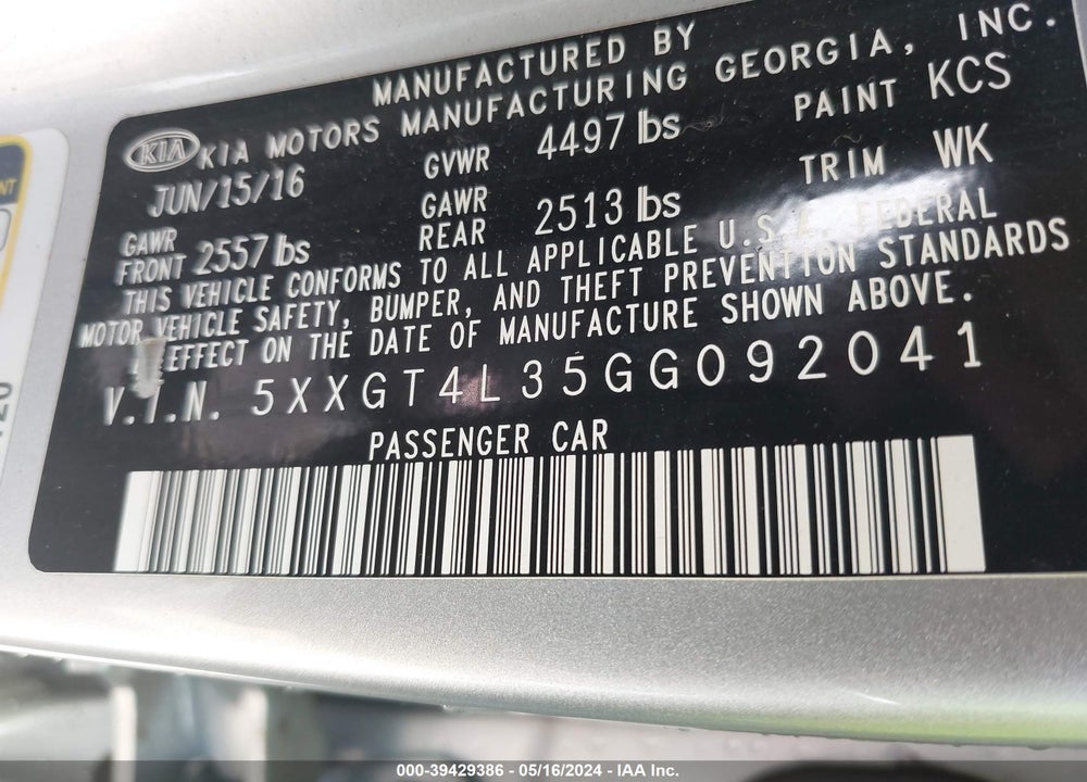 2016 KIA OPTIMA LX VIN: 5XXGT4L35GG092041