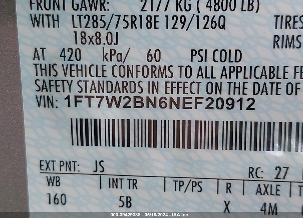 2022 FORD F-250 LARIAT VIN: 1FT7W2BN6NEF20912