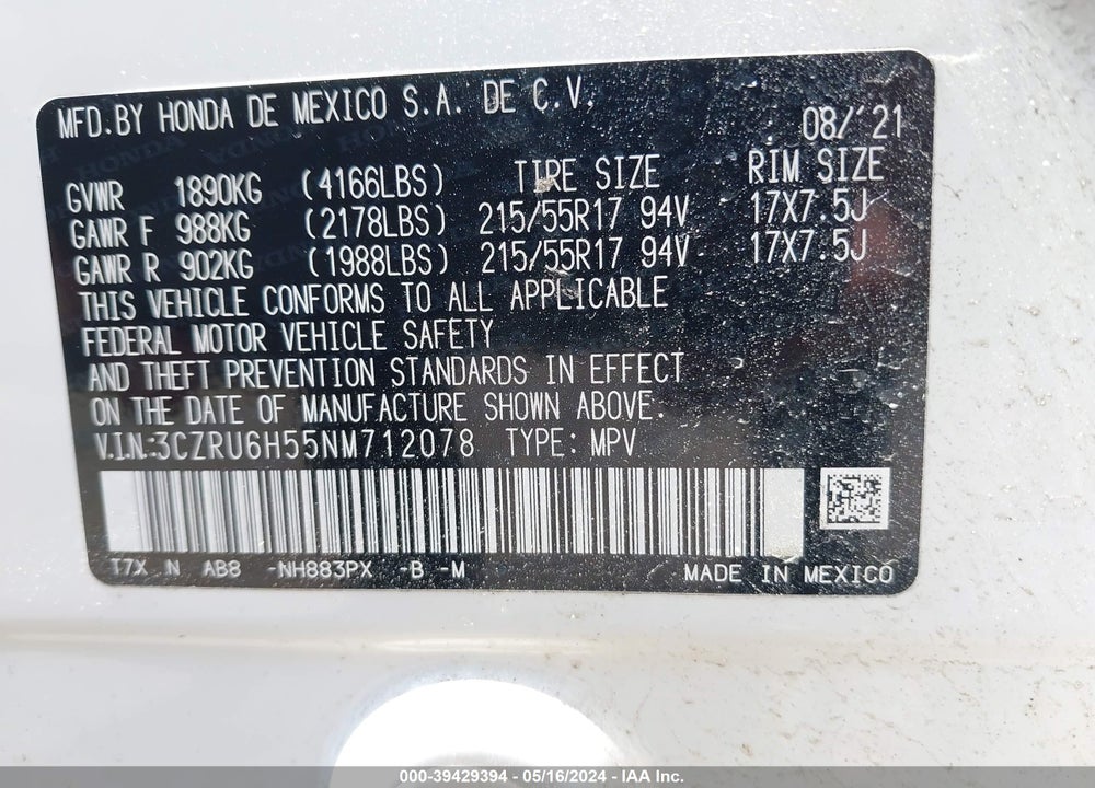 2022 HONDA HR-V AWD EX VIN: 3CZRU6H55NM712078