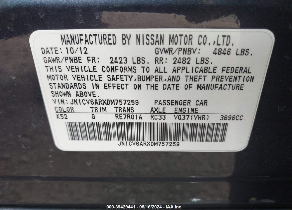 2013 INFINITI G37X VIN: JN1CV6ARXDM757259