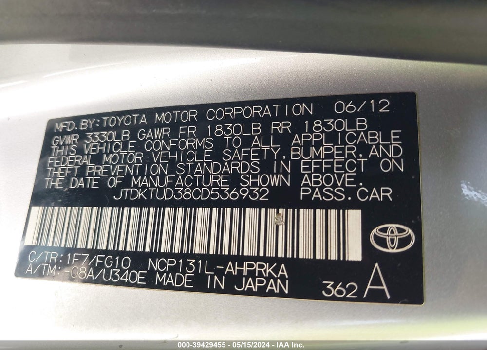 2012 TOYOTA YARIS LE VIN: JTDKTUD38CD536932