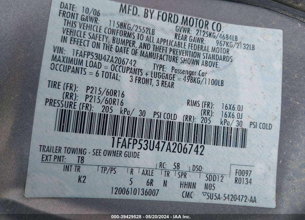 2007 FORD TAURUS SE VIN: 1FAFP53U47A206742