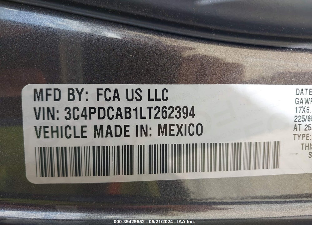 2020 DODGE JOURNEY SE VALUE VIN: 3C4PDCAB1LT262394