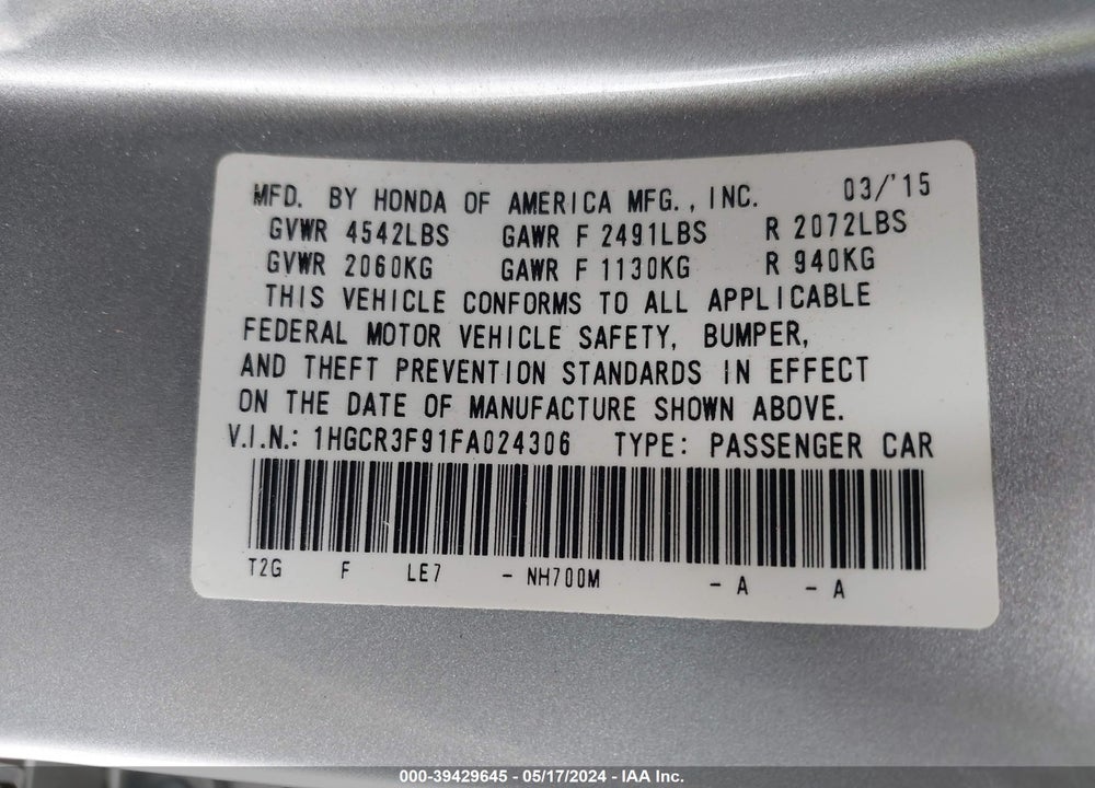 2015 HONDA ACCORD TOURING VIN: 1HGCR3F91FA024306