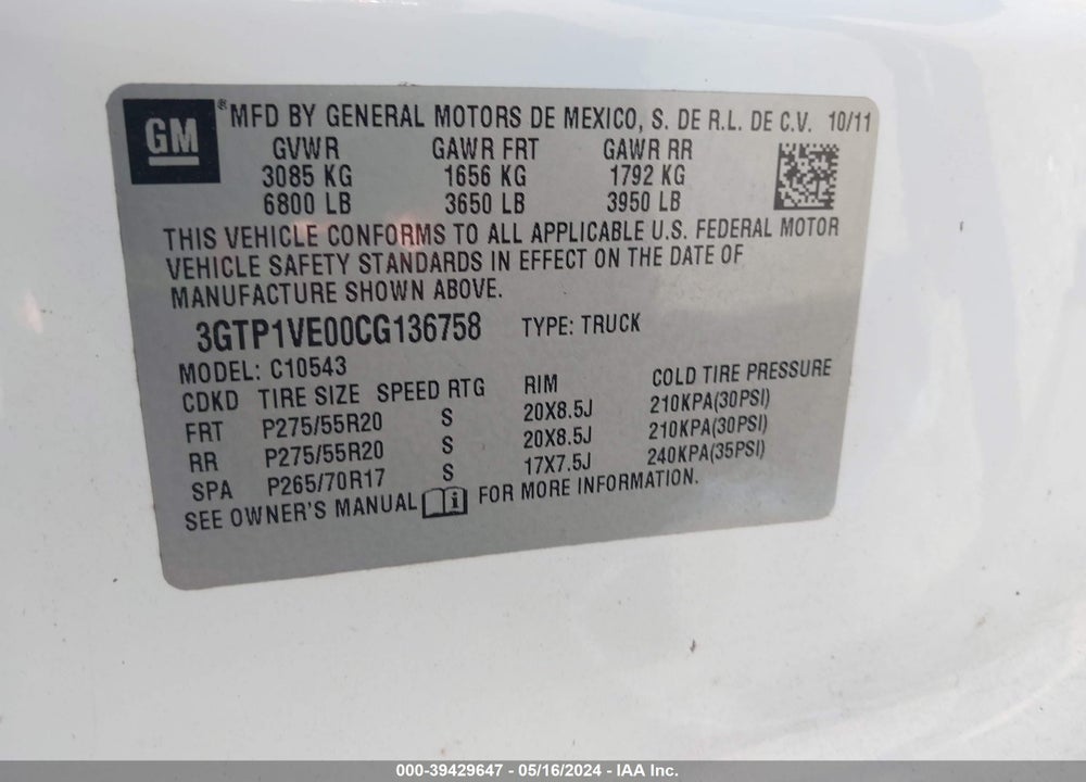 2012 GMC SIERRA 1500 VIN: 3GTP1VE00CG136758