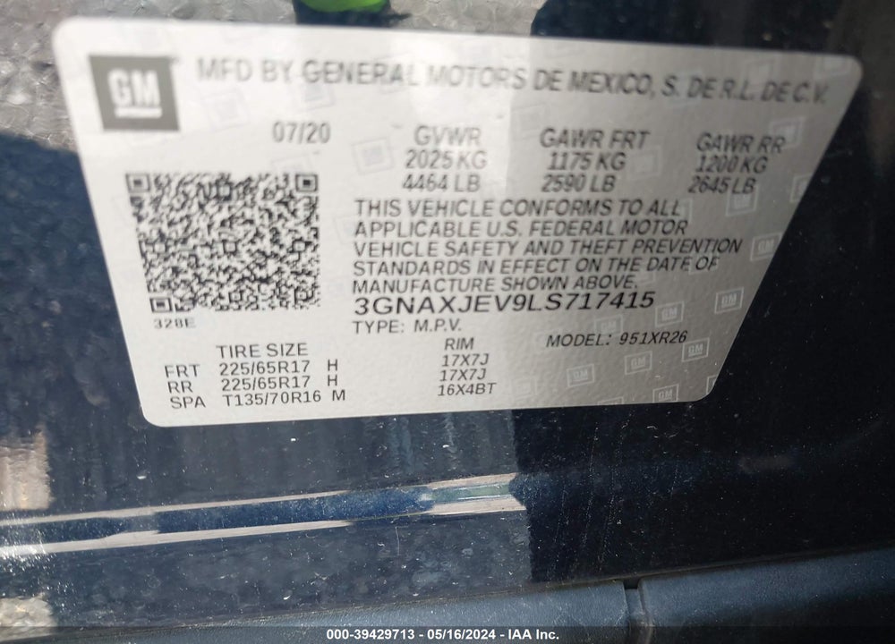 2020 CHEVROLET EQUINOX FWD 2FL VIN: 3GNAXJEV9LS717415