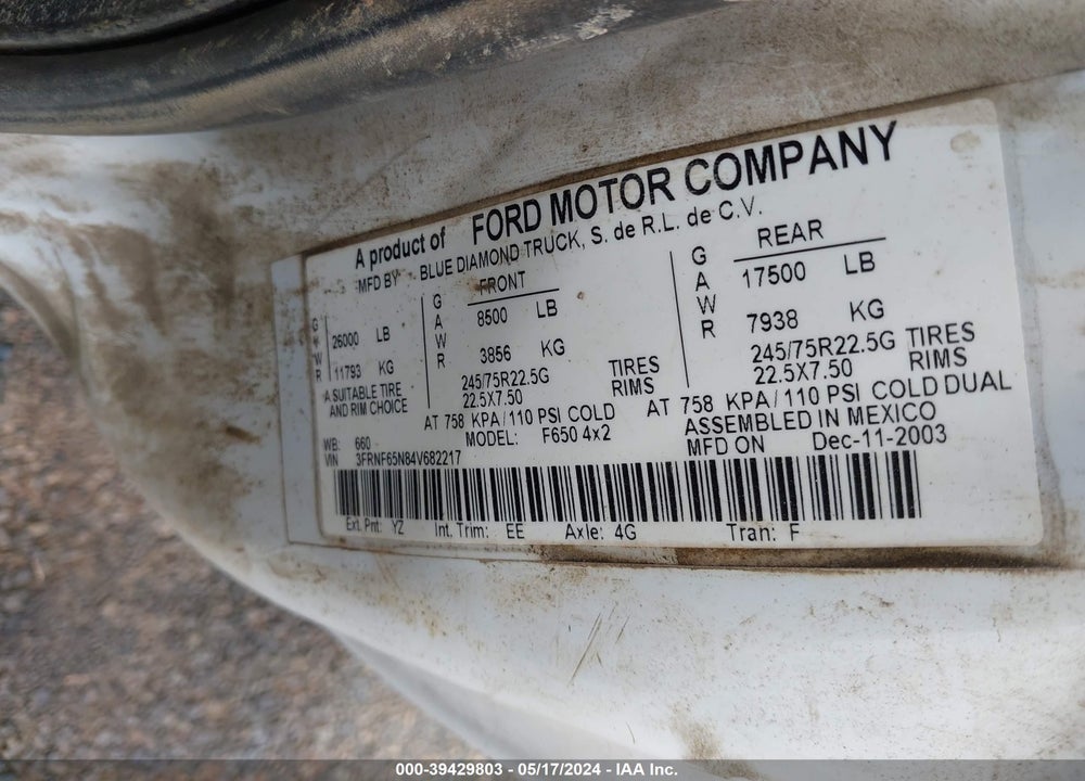 2004 FORD F-650 XL/XLT VIN: 3FRNF65N84V682217