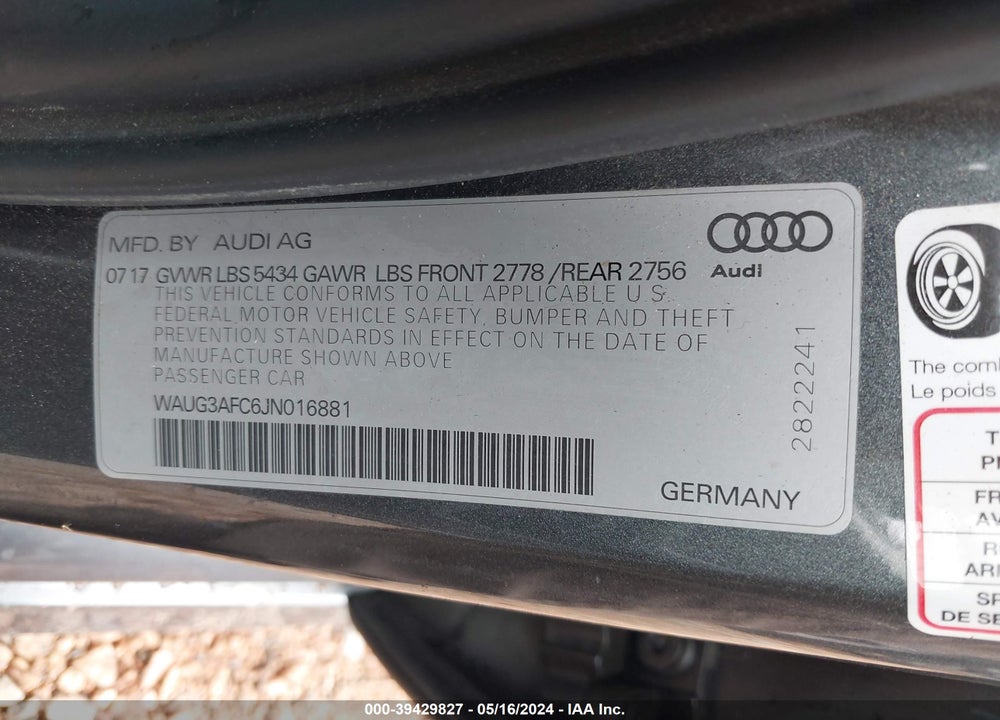 2018 AUDI A6 3.0T PREMIUM VIN: WAUG3AFC6JN016881