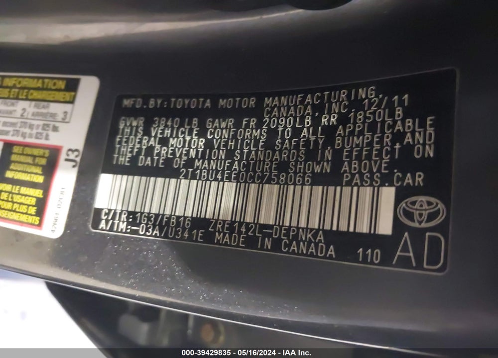 2012 TOYOTA COROLLA LE VIN: 2T1BU4EE0CC758066