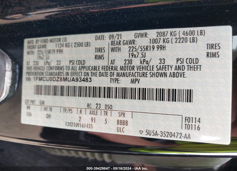 2021 FORD ESCAPE TITANIUM HYBRID VIN: 1FMCU0DZ8MUA93483