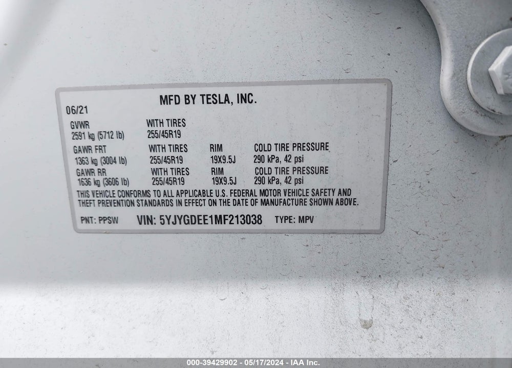 2021 TESLA MODEL Y LONG RANGE DUAL MOTOR ALL-WHEEL DRIVE VIN: 5YJYGDEE1MF213038
