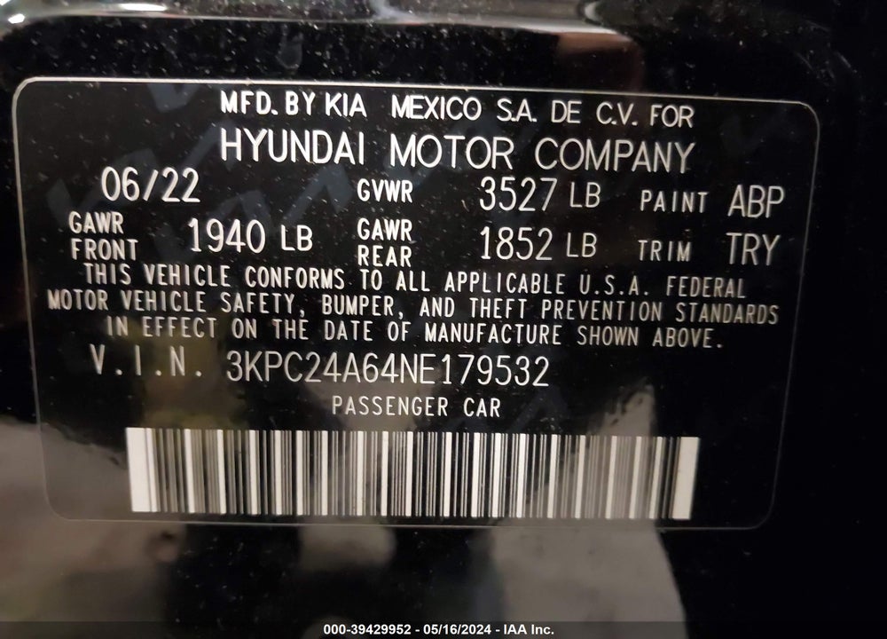 2022 HYUNDAI ACCENT SE VIN: 3KPC24A64NE179532