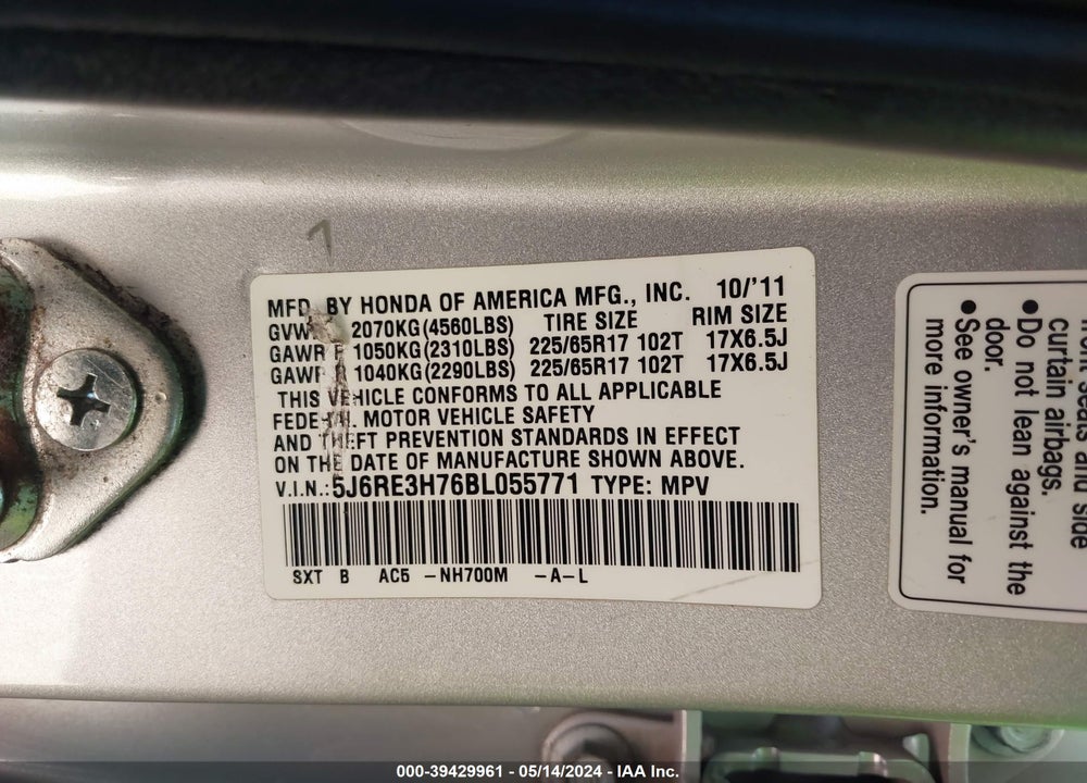2011 HONDA CR-V EX-L VIN: 5J6RE3H76BL055771
