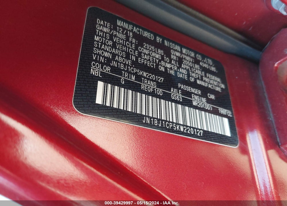 2019 NISSAN ROGUE SPORT SV VIN: JN1BJ1CP5KW220127
