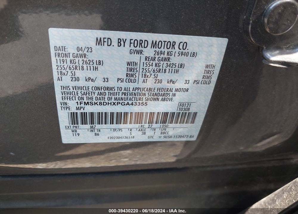 2023 FORD EXPLORER XLT VIN: 1FMSK8DHXPGA43355