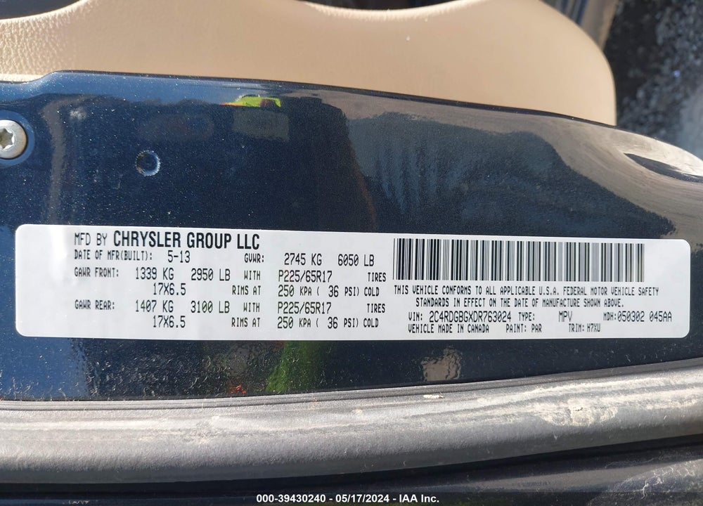 2013 DODGE GRAND CARAVAN SE VIN: 2C4RDGBGXDR763024