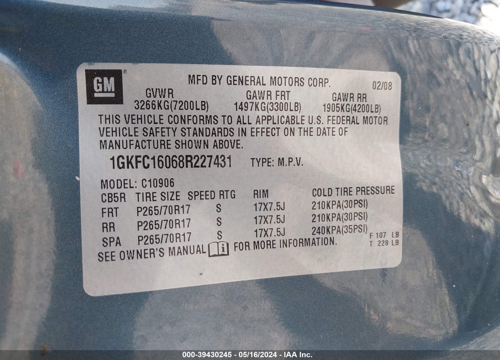 2008 GMC YUKON XL 1500 SLT VIN: 1GKFC16068R227431