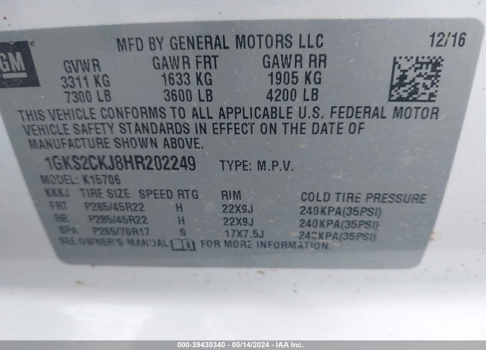 2017 GMC YUKON DENALI VIN: 1GKS2CKJ8HR202249