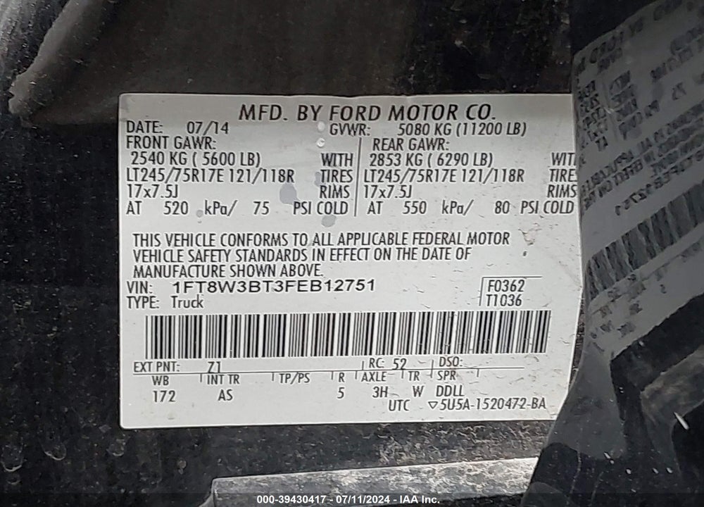 2015 FORD F-350 XL VIN: 1FT8W3BT3FEB12751