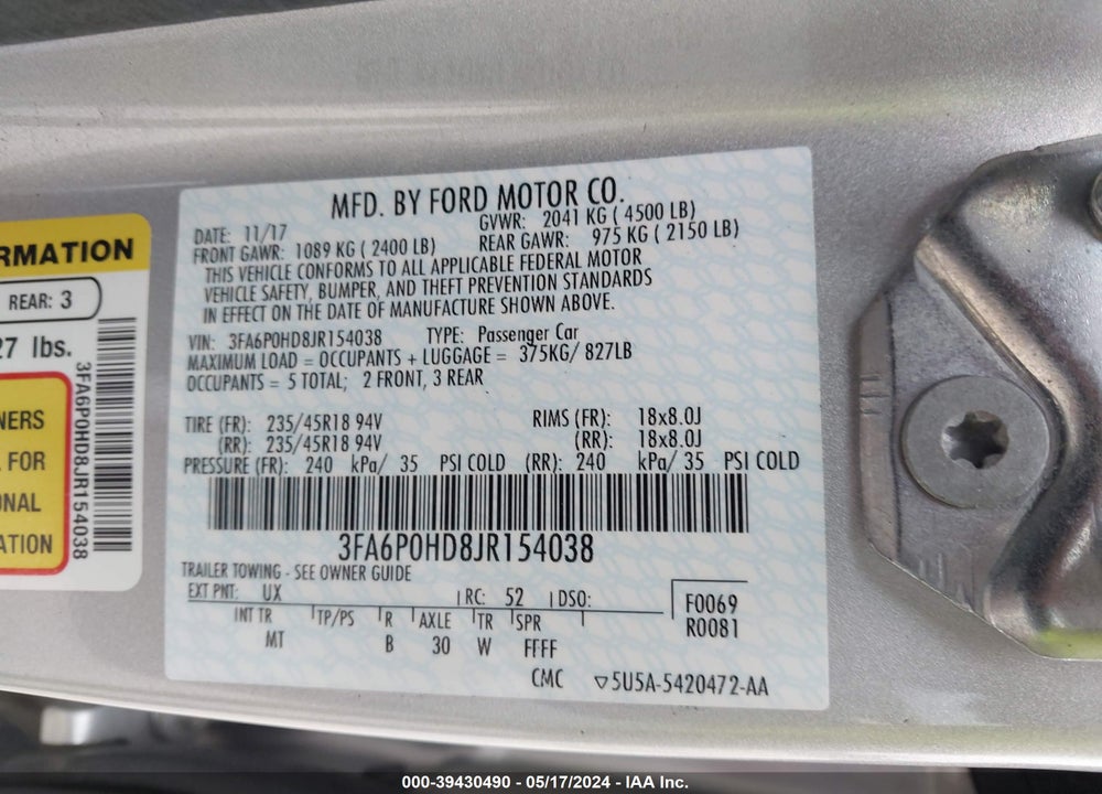 2018 FORD FUSION SE VIN: 3FA6P0HD8JR154038