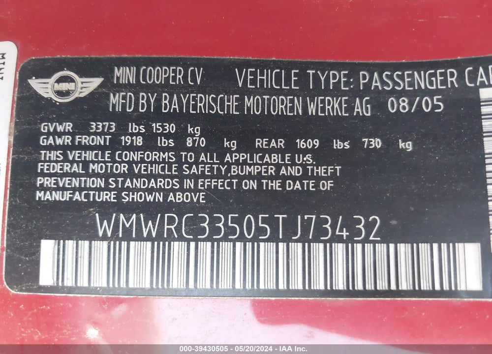 2005 MINI COOPER VIN: WMWRC33505TJ73432