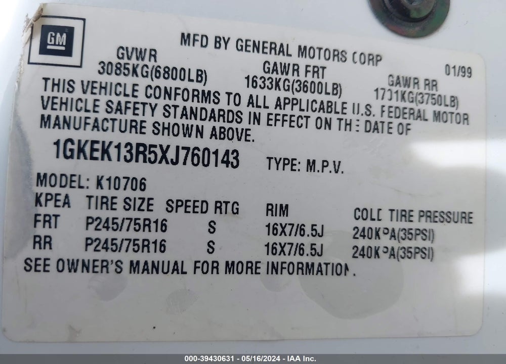 1999 GMC YUKON SLE VIN: 1GKEK13R5XJ760143