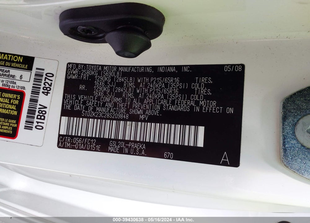 2008 TOYOTA SIENNA LE VIN: 5TDZK23C28S209848