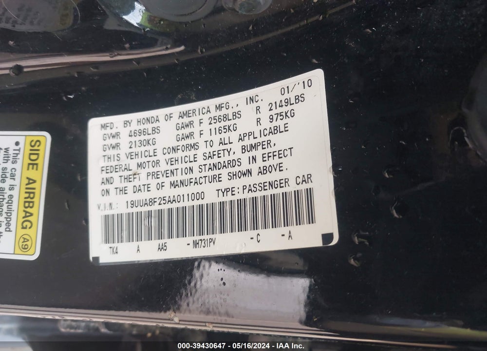 2010 ACURA TL 3.5 VIN: 19UUA8F25AA011000