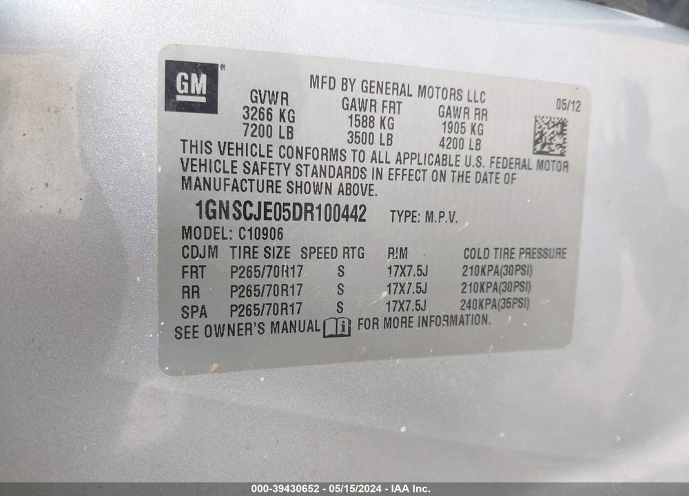 2013 CHEVROLET SUBURBAN 1500 LT VIN: 1GNSCJE05DR100442