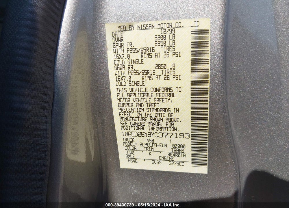 2000 NISSAN FRONTIER SE-V6/XE-V6 VIN: 1N6ED26Y9YC377193