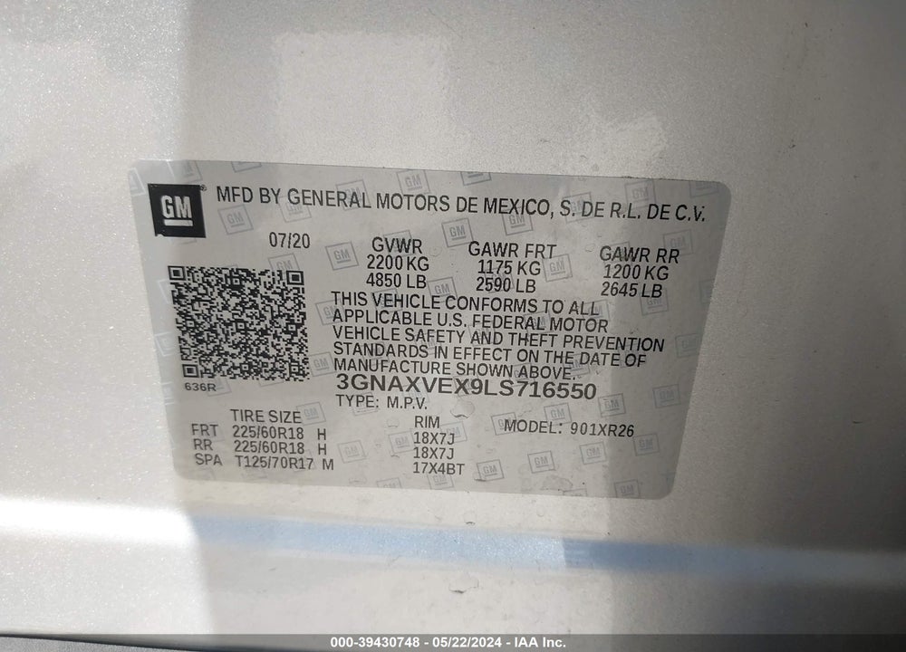 2020 CHEVROLET EQUINOX AWD LT 2.0L TURBO VIN: 3GNAXVEX9LS716550