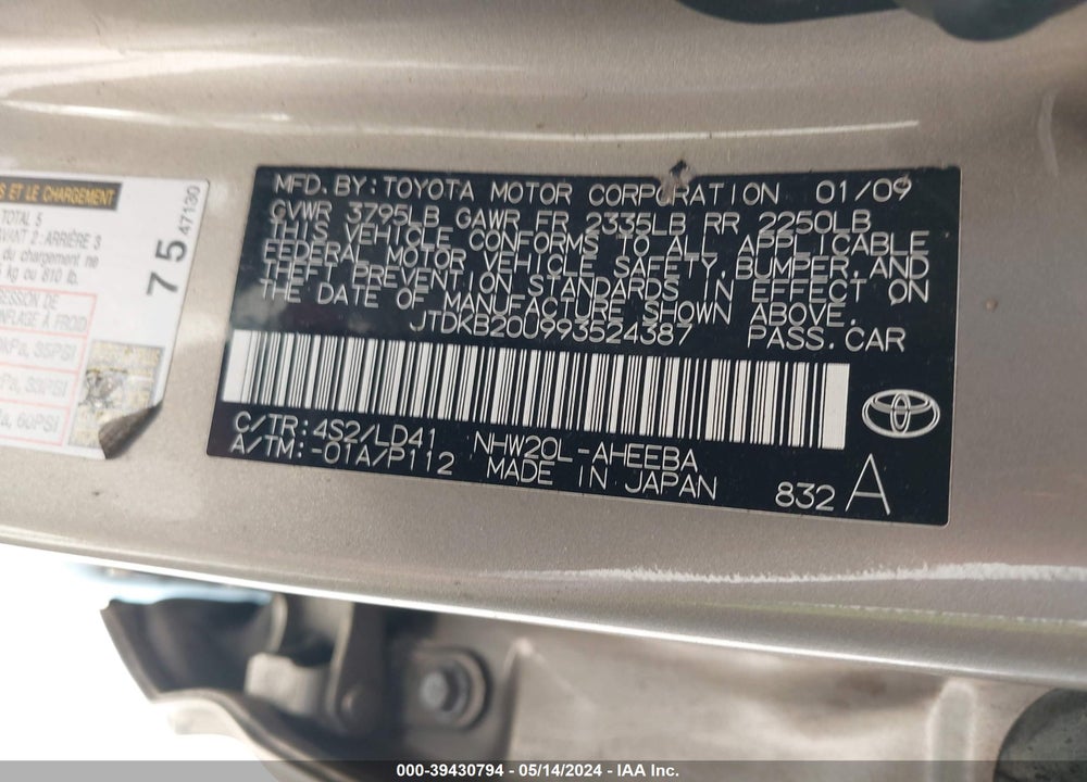 2009 TOYOTA PRIUS VIN: JTDKB20U993524387