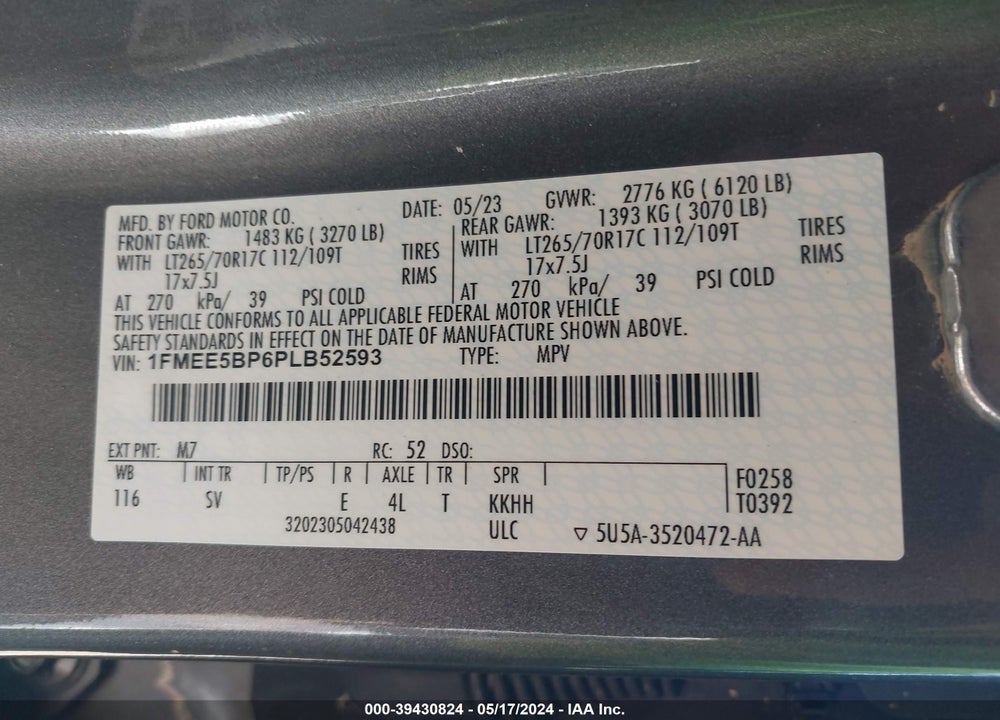 2023 FORD BRONCO BLACK DIAMOND VIN: 1FMEE5BP6PLB52593