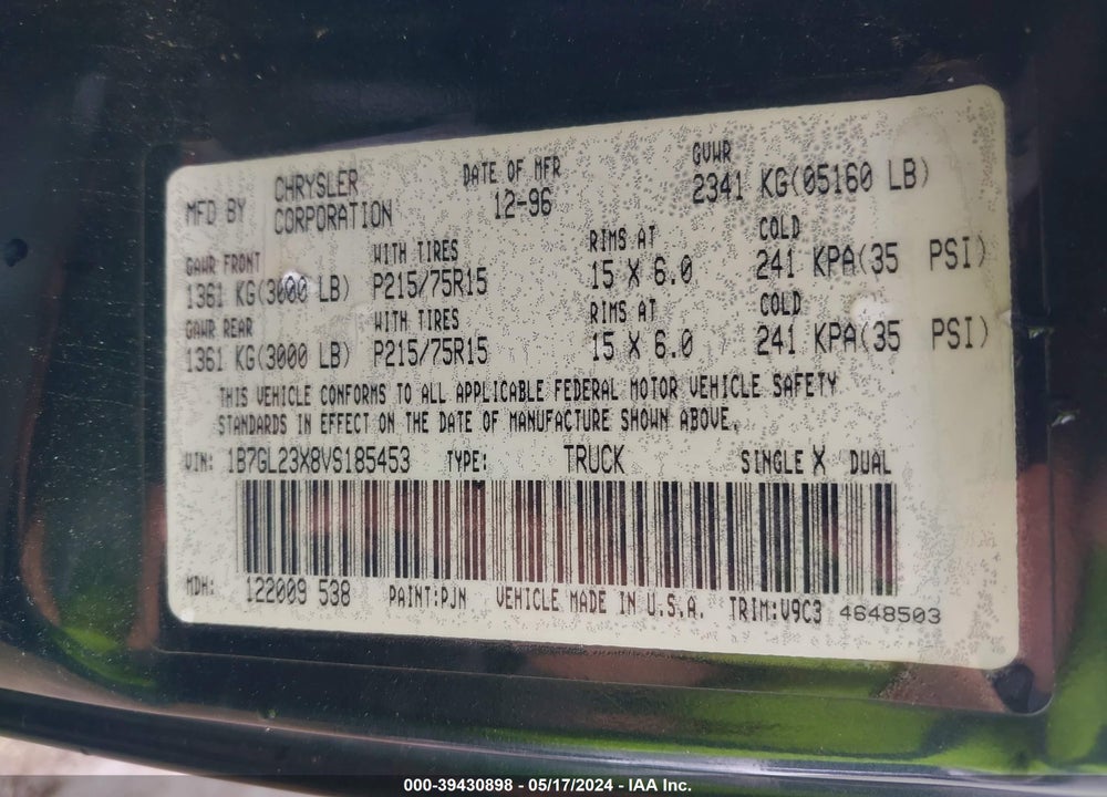 1997 DODGE DAKOTA SLT/SPORT VIN: 1B7GL23X8VS185453