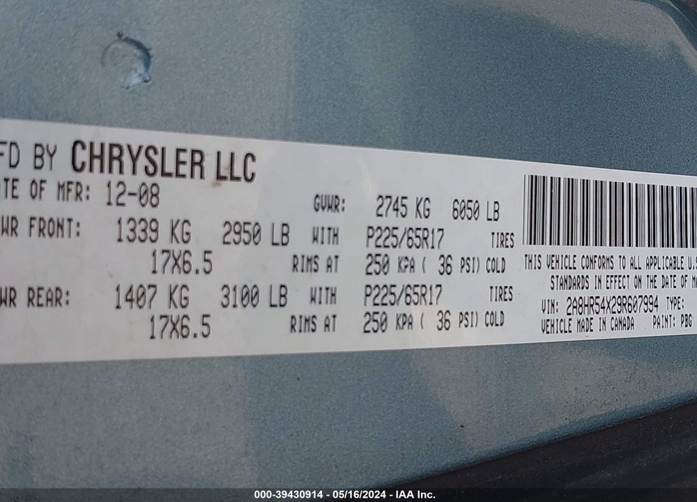 2009 CHRYSLER TOWN & COUNTRY TOURING VIN: 2A8HR54X29R607994
