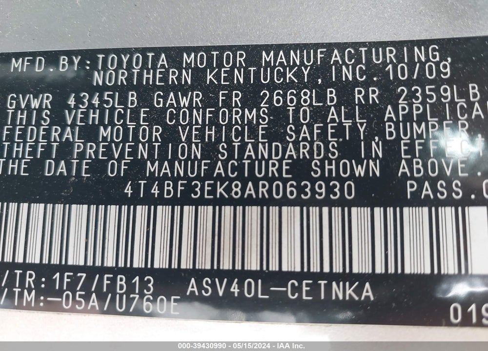 2010 TOYOTA CAMRY LE VIN: 4T4BF3EK8AR063930