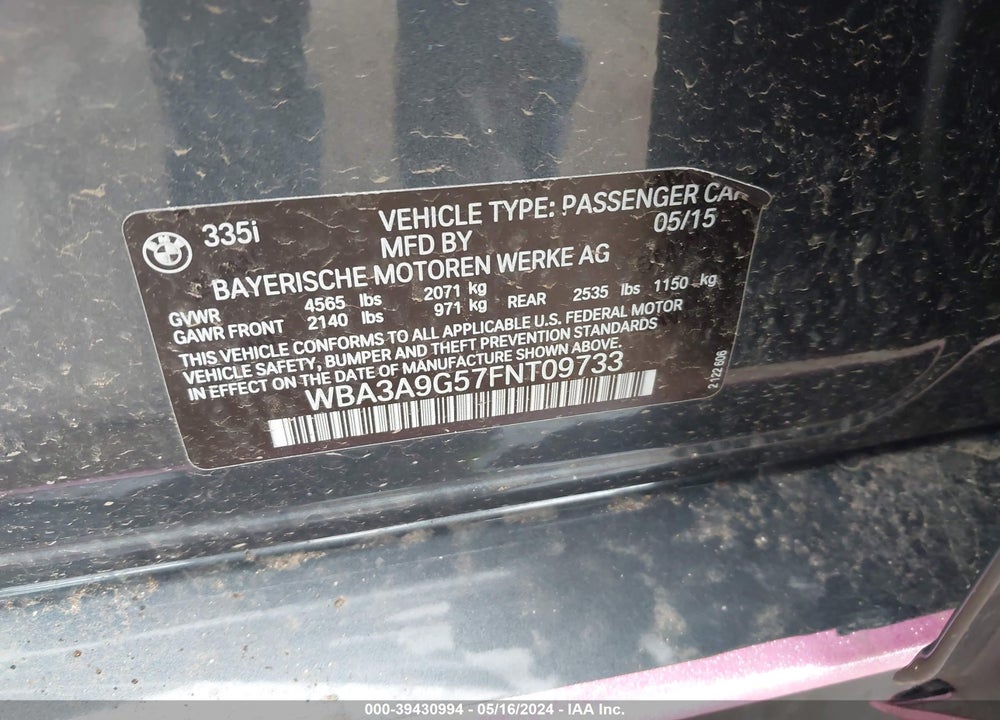 2015 BMW 335I VIN: WBA3A9G57FNT09733