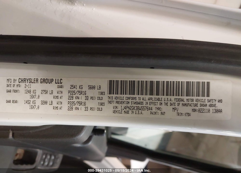 2011 JEEP LIBERTY SPORT VIN: 1J4PN2GK3BW557644