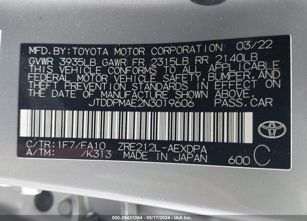 2022 TOYOTA COROLLA VIN: JTDDPMAE2N3019606