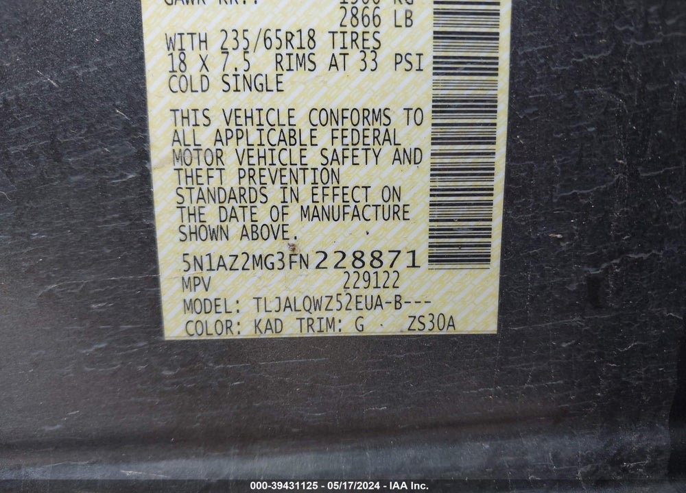 2015 NISSAN MURANO SV VIN: 5N1AZ2MG3FN228871