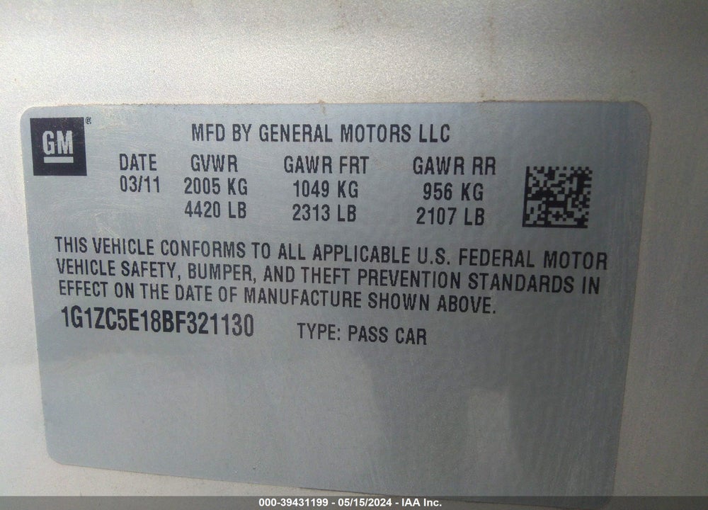 2011 CHEVROLET MALIBU 1LT VIN: 1G1ZC5E18BF321130
