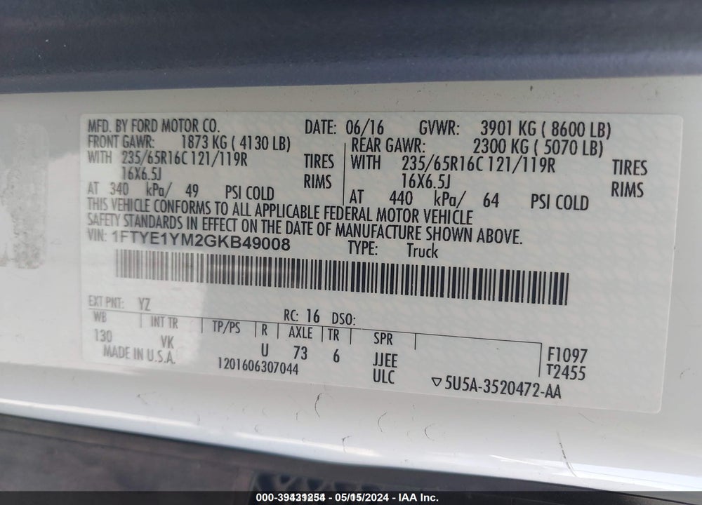 2016 FORD TRANSIT-150 VIN: 1FTYE1YM2GKB49008