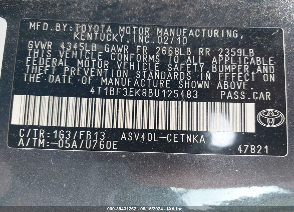 2011 TOYOTA CAMRY LE VIN: 4T1BF3EK8BU125483