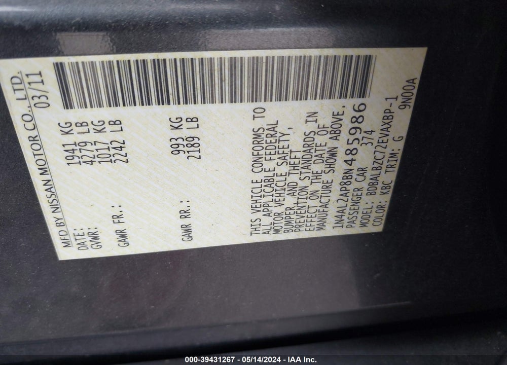 2011 NISSAN ALTIMA 2.5 S VIN: 1N4AL2AP8BN485986