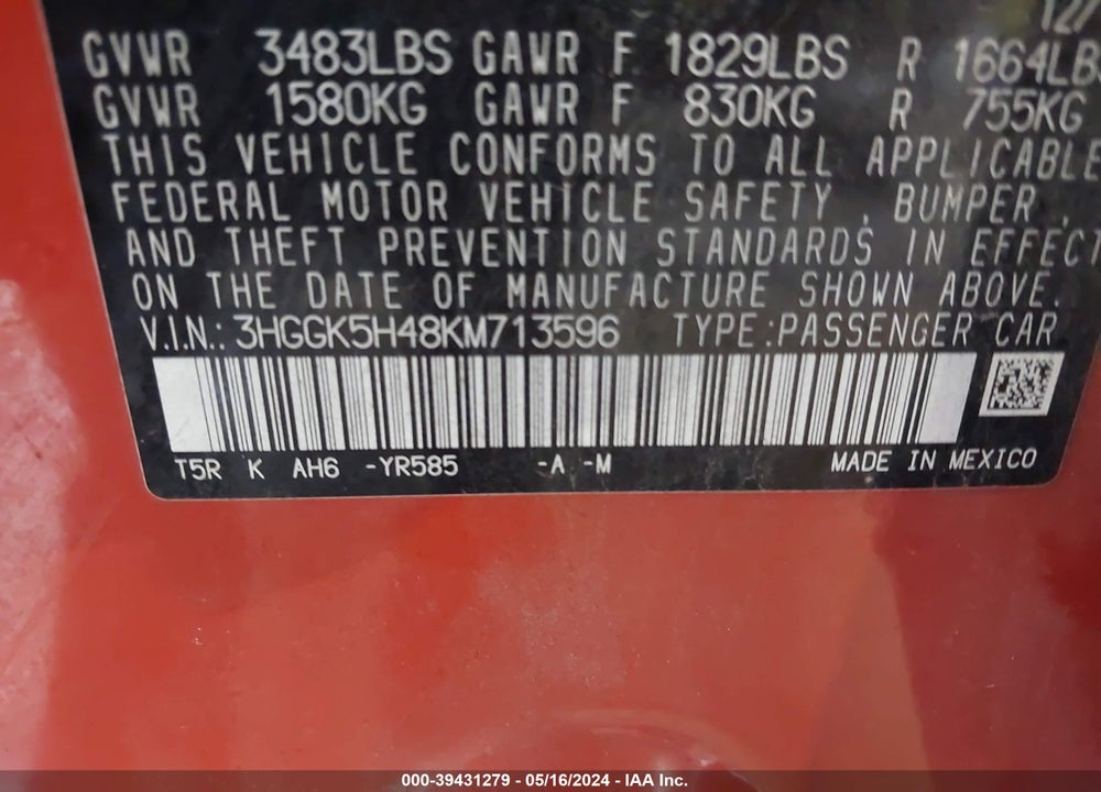 2019 HONDA FIT LX VIN: 3HGGK5H48KM713596
