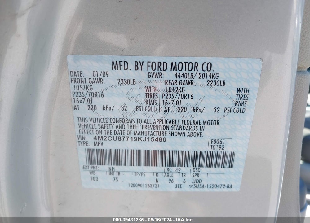 2009 MERCURY MARINER PREMIER VIN: 4M2CU87719KJ15480