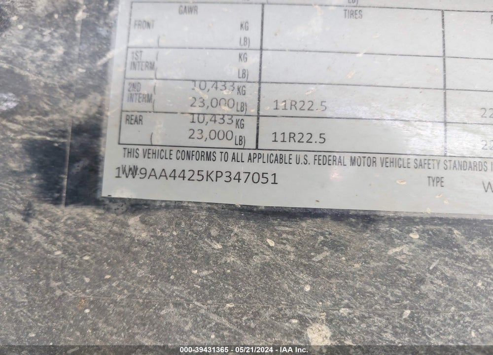 2019 WARREN INC WRDT-2626 DUMP VIN: 1W9AA4425KP347051